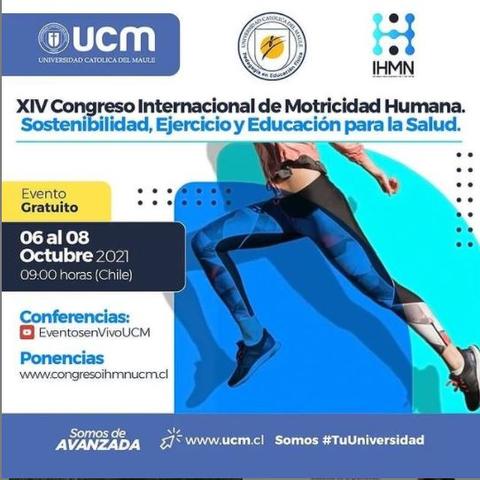 El cartel promocional del XIV Congreso Internacional de Motricidad Humana destaca temas de sostenibilidad, ejercicio y educación para la salud.