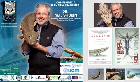 Imagen del Dr. Neil Shubin, conferencista en el Congreso Chileno de Zoología, sosteniendo un pez antiguo.