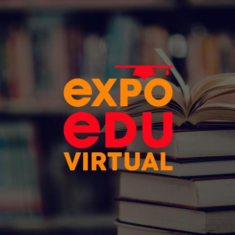 Imagen de un libro abierto sobre una mesa con un fondo de estanterías de libros y el texto 'expo edu VIRTUAL'.