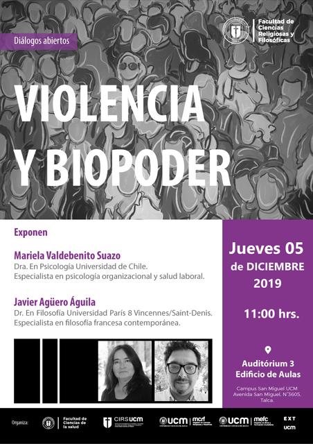Anuncio de un diálogo sobre violencia y biopoder en la Facultad de Ciencias Filosóficas y Biológicas.