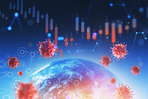 Una representación gráfica del planeta Tierra rodeado de virus y gráficos de datos económicos.
