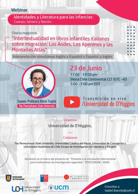 Cartel del webinar sobre identidades y literatura para infancias con detalles sobre la charla y los organizadores.