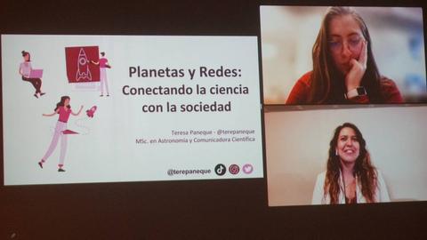 Una presentación virtual sobre la conexión entre la ciencia y la sociedad, con participantes en pantallas divididas.