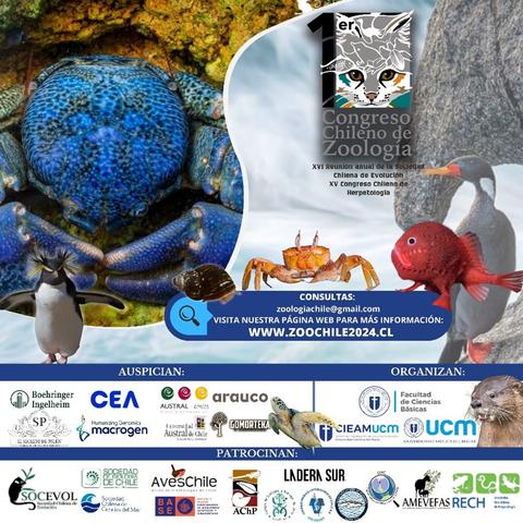 Anuncio del 1er Congreso Chileno de Zoología con diversas especies animales y detalles del evento.