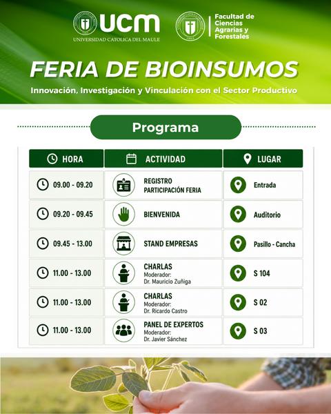 La imagen muestra el programa de la Feria de Bioinsumos organizada por la Universidad Católica del Maule.