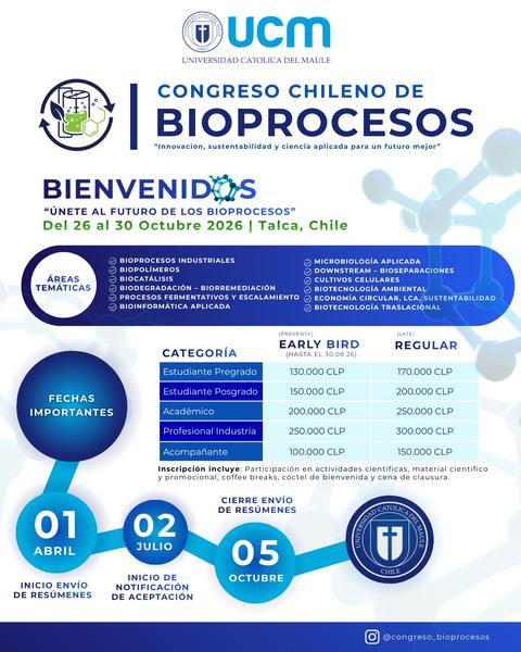 El afiche promociona el Congreso Chileno de Bioprocesos que se realizará en Talca, Chile, en octubre de 2026.