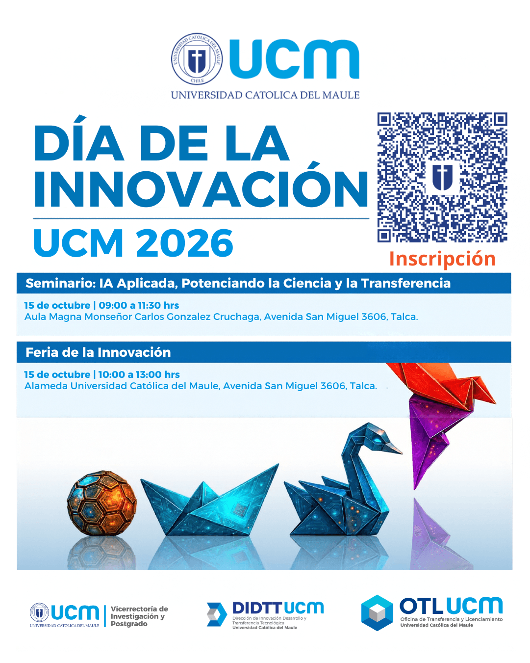 Afiche del Día de la Innovación de la UCM con detalles del seminario y la feria.