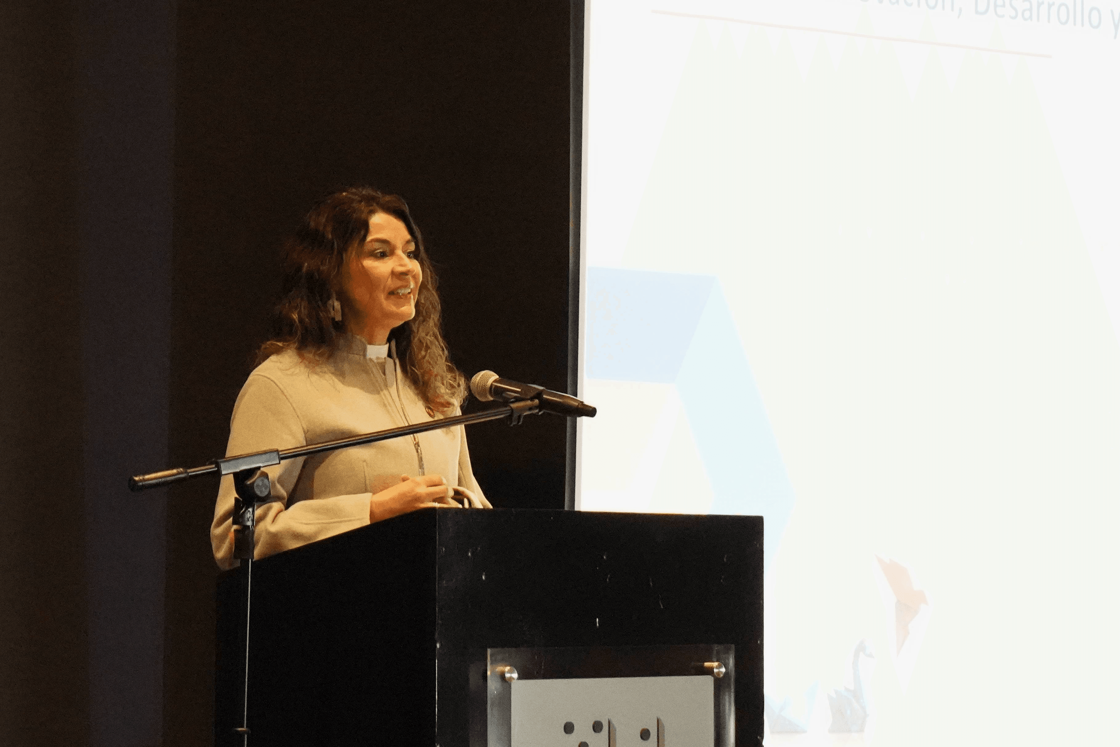 Una mujer habla en un escenario durante una presentación.