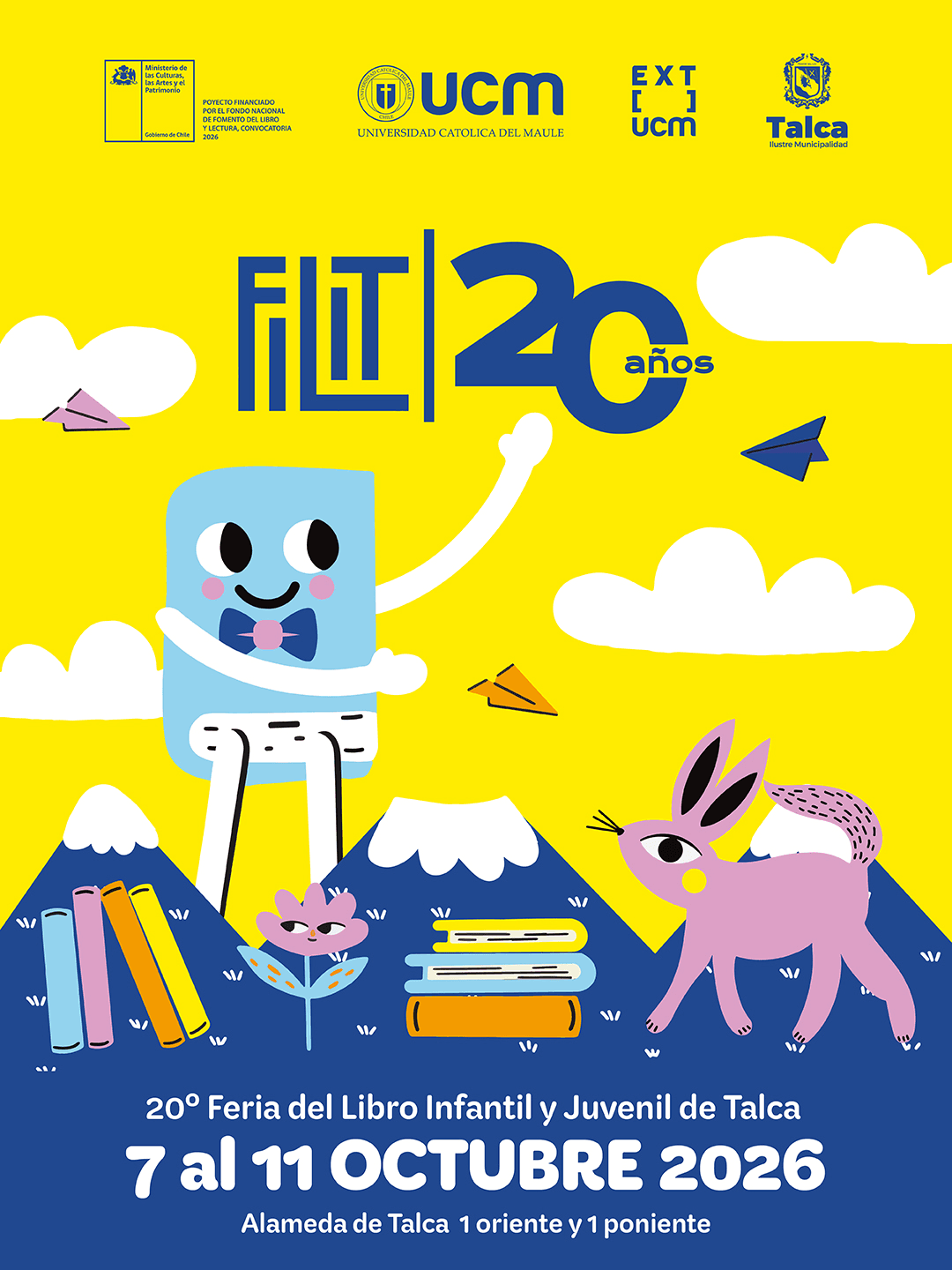 El afiche celebra los 20 años de la Feria del Libro Infantil y Juvenil de Talca con coloridos personajes y elementos ilustrativos.